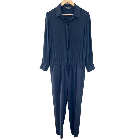 Vince Mixed Media Jumpsuit 8 Silk Long Sleeve Tapered Leg Drawstring Navy Blue - Picture 2 of 10